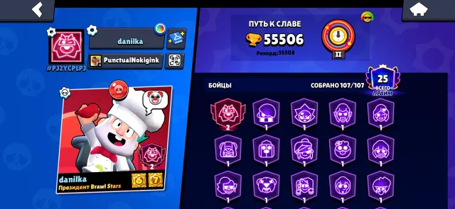 Top account with 21 years, 55506 trophies, 107 brawlers, 25 primes