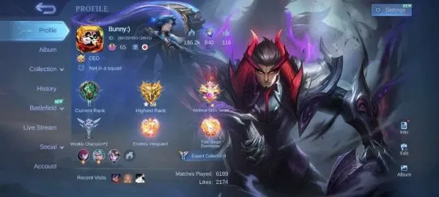 Collector natalia💥30 deluxe skin💥epic freya kagura moskov harley valir gara vale💥emblem max, Sale, Rank: Mythic, Level: 65, Winrate: 51%, Heroes: 118, Skins: 164