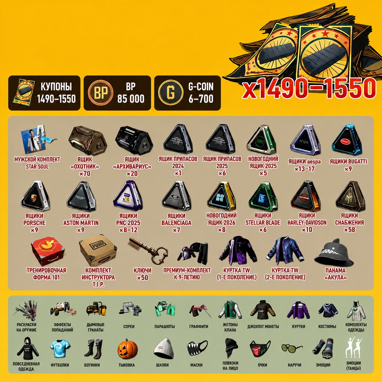 🔥1,500–1,550 Coupons🔥250+ Chests🔥85,000 BP🔥50 Keys🔥5–700 G-Coin🔥Skins, No BATTLEGROUNDS Plus
