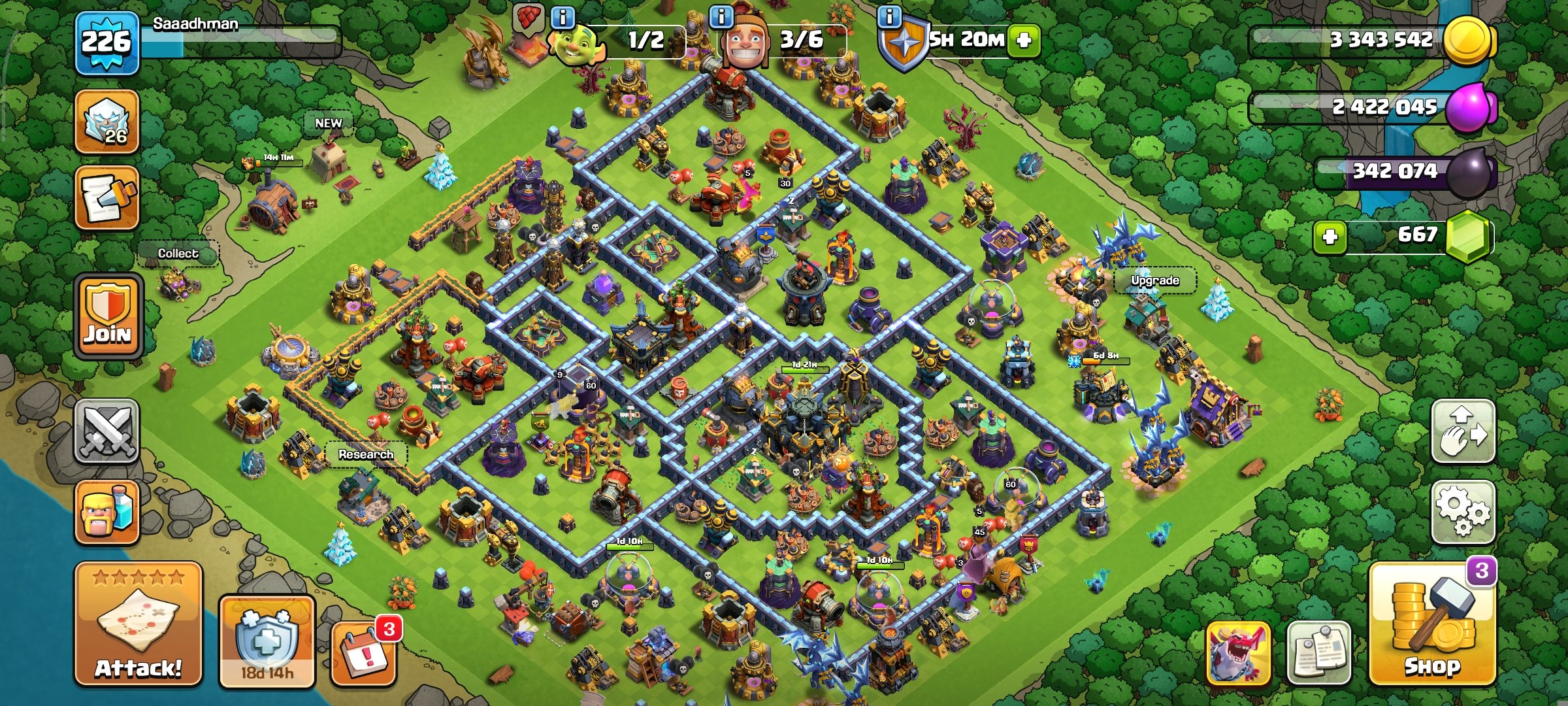 Xp Level 226~TH 17 Max~Heros-60/60/45/30~3×Hero Skin~9× Epic Equipment~Connect To Buyer Mail, 17 TH Main Village