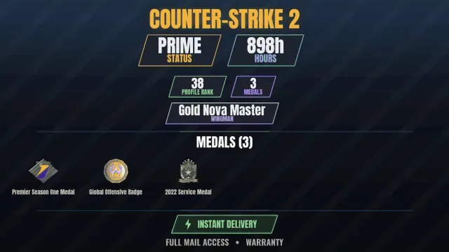 CS2 Prime💠898h💎3 medals Medal for Service 2022, Premier Medal, Season 1, Global Offensive Badge, Sale, With inventory, Has PRIME