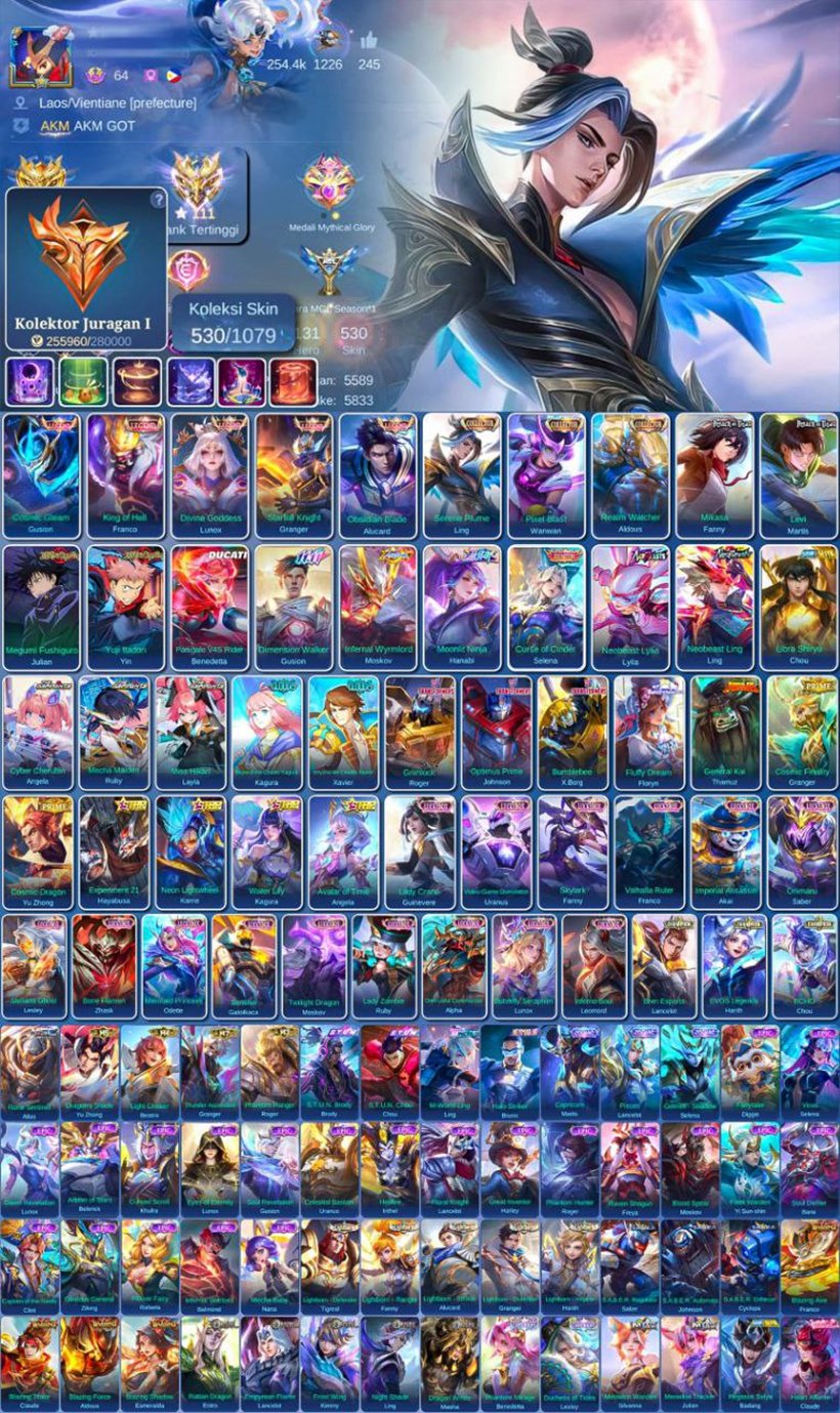 LEG GRANGER+456 % BPAOT FANNY MARTIS💠⭐️THE YIN-XAVA BATTLE MAGICIAN⭐️💎ZENITH SELENA💎🔴NEO LING LAYLA🔴, Sale, Rank: Epic, Level: 64, Winrate: 56%, Heroes: 131, Skins: 530