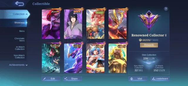 KOF CHOU💥KARINA💥Naruto sasuke💥all star moskov💥seasons miya💥5 collector💥2 lucky💥prime granger💥star 2, Продажа, Ранг: Мифический, Уровень: 20, Процент побед: 55%, Герои: 76, Облики: 158