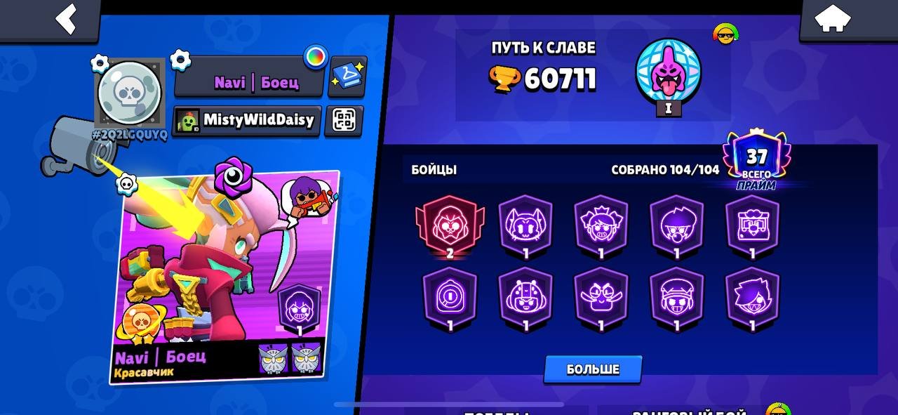 🪨 Braveres with maximum power: 55 🌏Braveres from 1K to 2K: 36 🌑Braveres from 2K to 3K: 0, trophies 61000, brawlers 104
