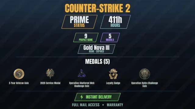 【CS2 Prime✨411ч🏆5 медалей】 Медаль за службу 2020, Монета операции Hydra, Operation Shattered, Продажа, С инвентарем, Есть PRIME