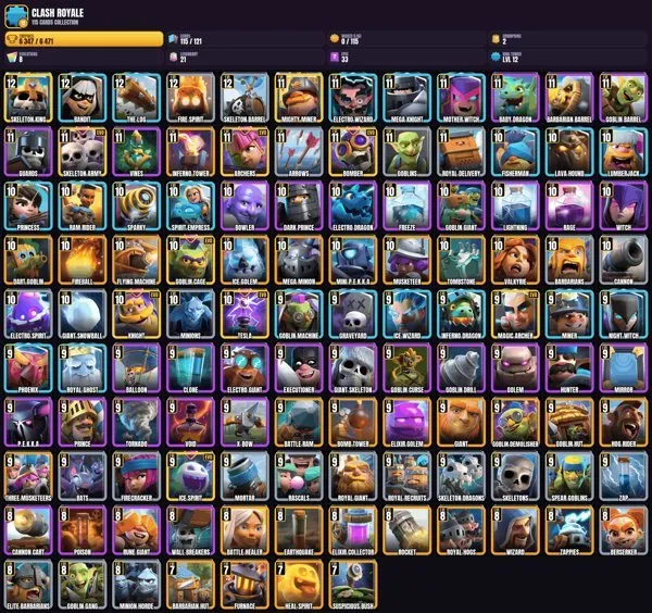 12 lvl king 💠 115 cards 💠 8 EVO CARDS 🎯 5×12lvl 💠 16×11lvl 💠 32×10lvl 🏆 43×9lvl 🎮 15×8lvl 💠, 17 arena, 12 level, 6347 trophies, 115 cards, No