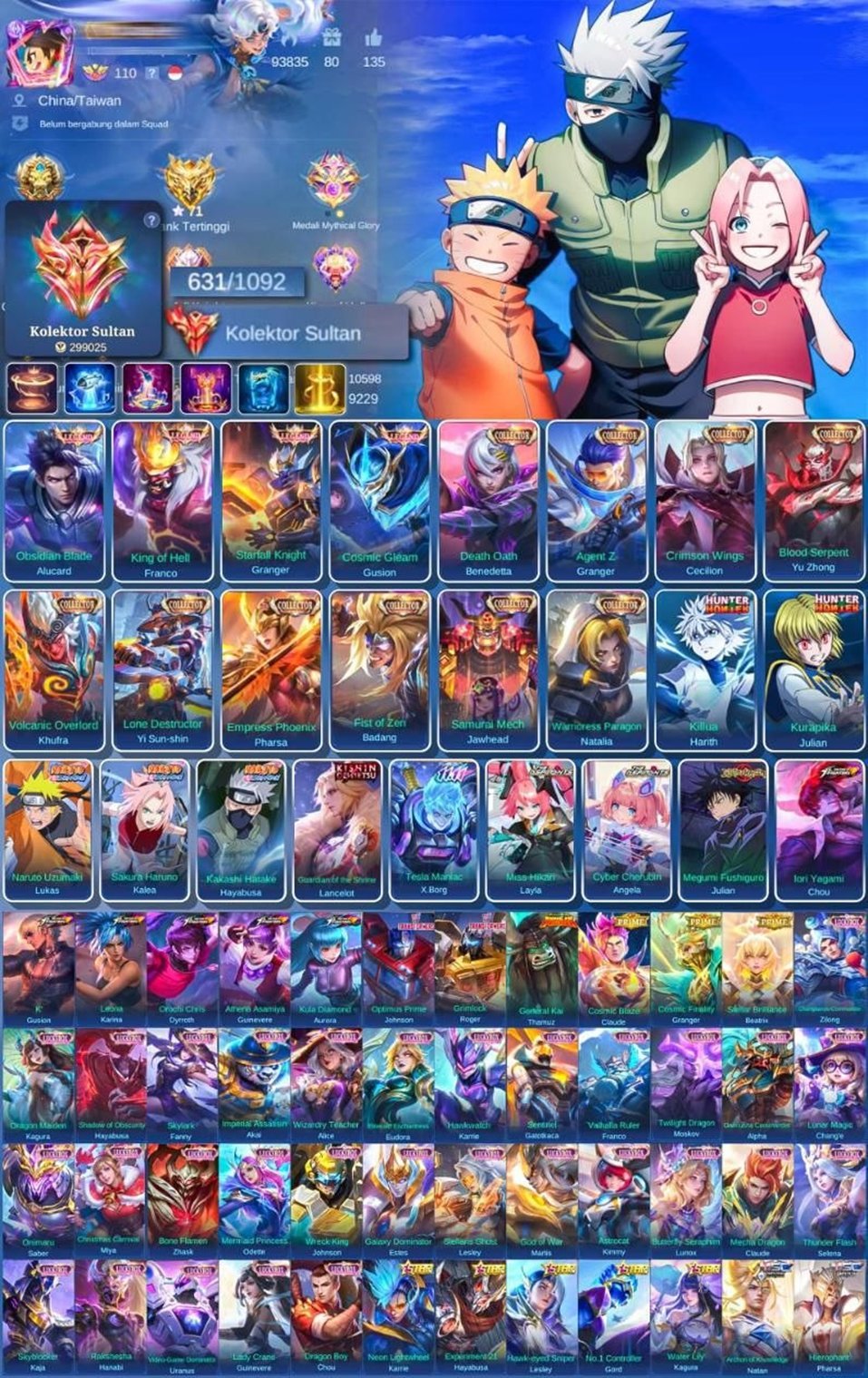 🔴LEG GRANGER + 3🔴💎HXH-HARIT/JUL💎🔥10 COLLECTOR🔥♦️NARUTO (4)♦️🔥KISHIN LANCE-JJK JULIAN🔥, Sale, Rank: Epic, Level: 110, Winrate: 52%, Heroes: 132, Skins: 631