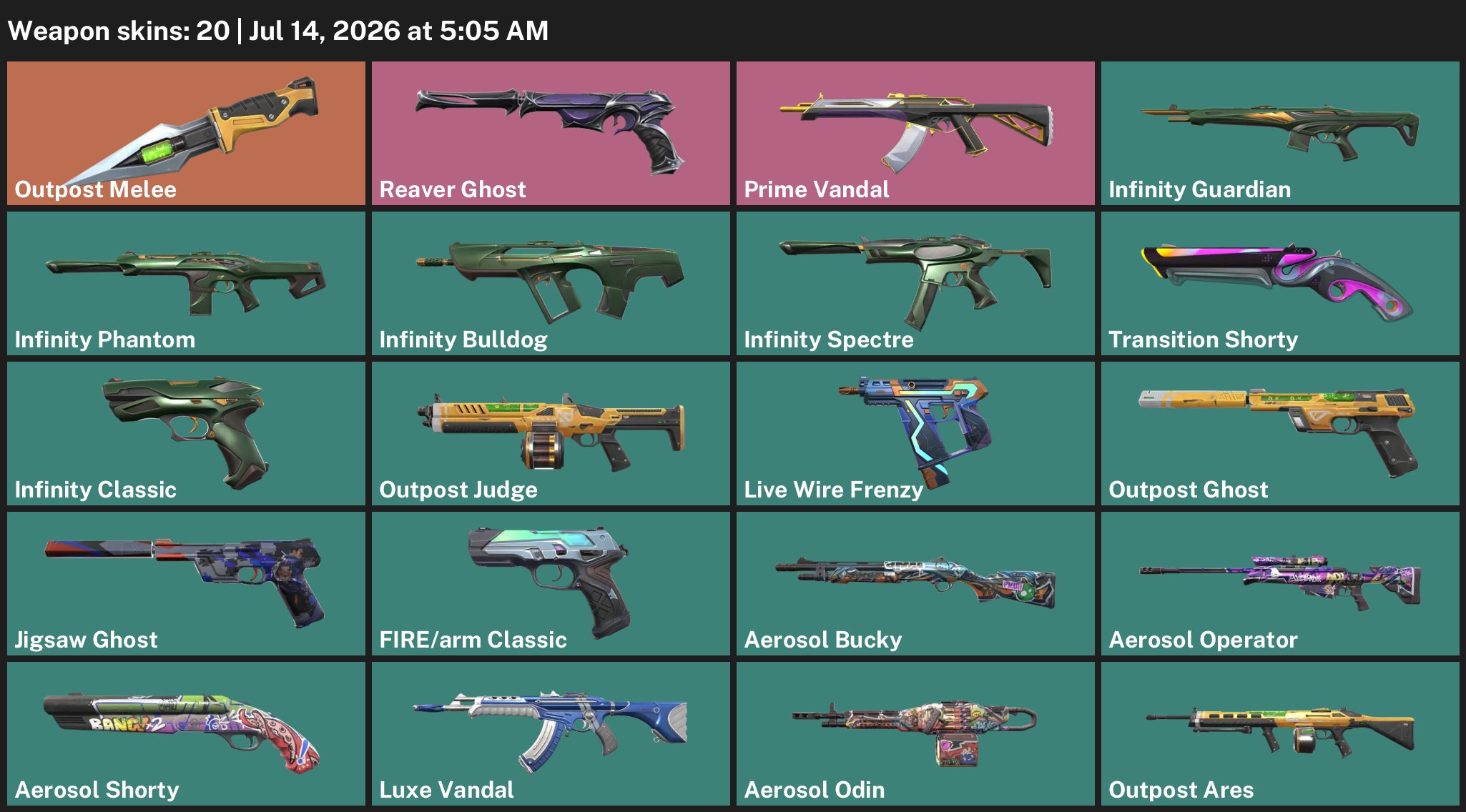 🎀🧸15 SKIN🌸Knife “Outpost”🧸Vandal Emondir🕵️Ghost “Reaper”✅GUARANTEE✅🎏WITH MAIL♾️, Sale, Gold 1, Agents: 18, Skins: 20