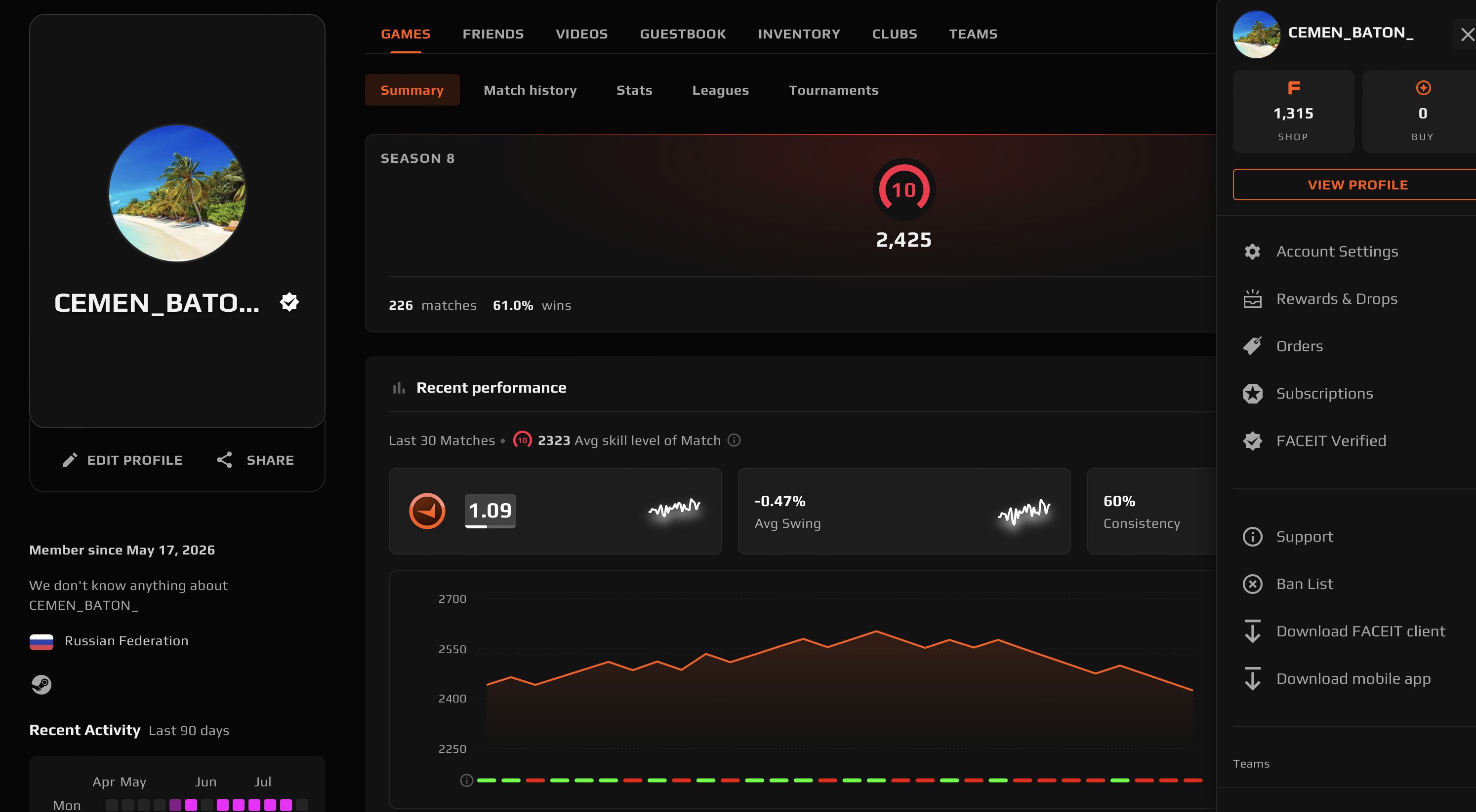 🔥 10 FACEIT LVL | 🎮 433 matches | 💎 2307 ELO — Ready to play!