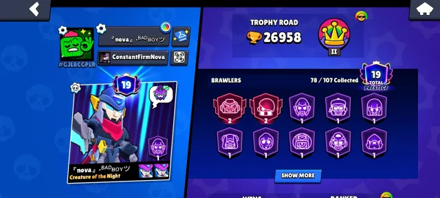 I am selling a BS account, 27000 trophies, 78 brawlers, 19 primes