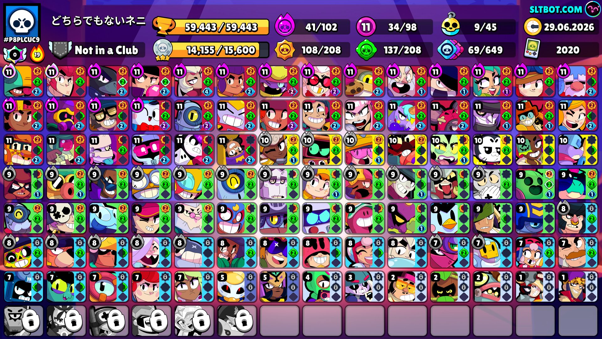 [PP]👑 59.4k+🏆 | 🎯 98/103 | 💪 34 11 STRENGTH | 🌕MOONLIGHT GLORY | 🐕REBEL LOLA/3 HYPER SKIN ON RICO🦖, trophies 59400, brawlers 98
