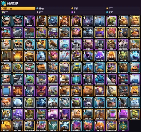 14 King Level 💠 119 Cards 💠 9 EVO CARDS 🎯 9×15 Level 💠 2×14 Level 💠 9×13 Level 🏆 36×12 Level 🎮 34×11 Level 💠, 20 Arena, 14 Level, 7565 Trophies, 119 Cards, No