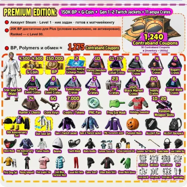 PUBG Steam | 1,240 Coupons | 4,500–4,600 G-Coin | 150K BP | Twitch Rivals Gen 1&2 | aespa x11–17 #18, Нет BATTLEGROUNDS Plus