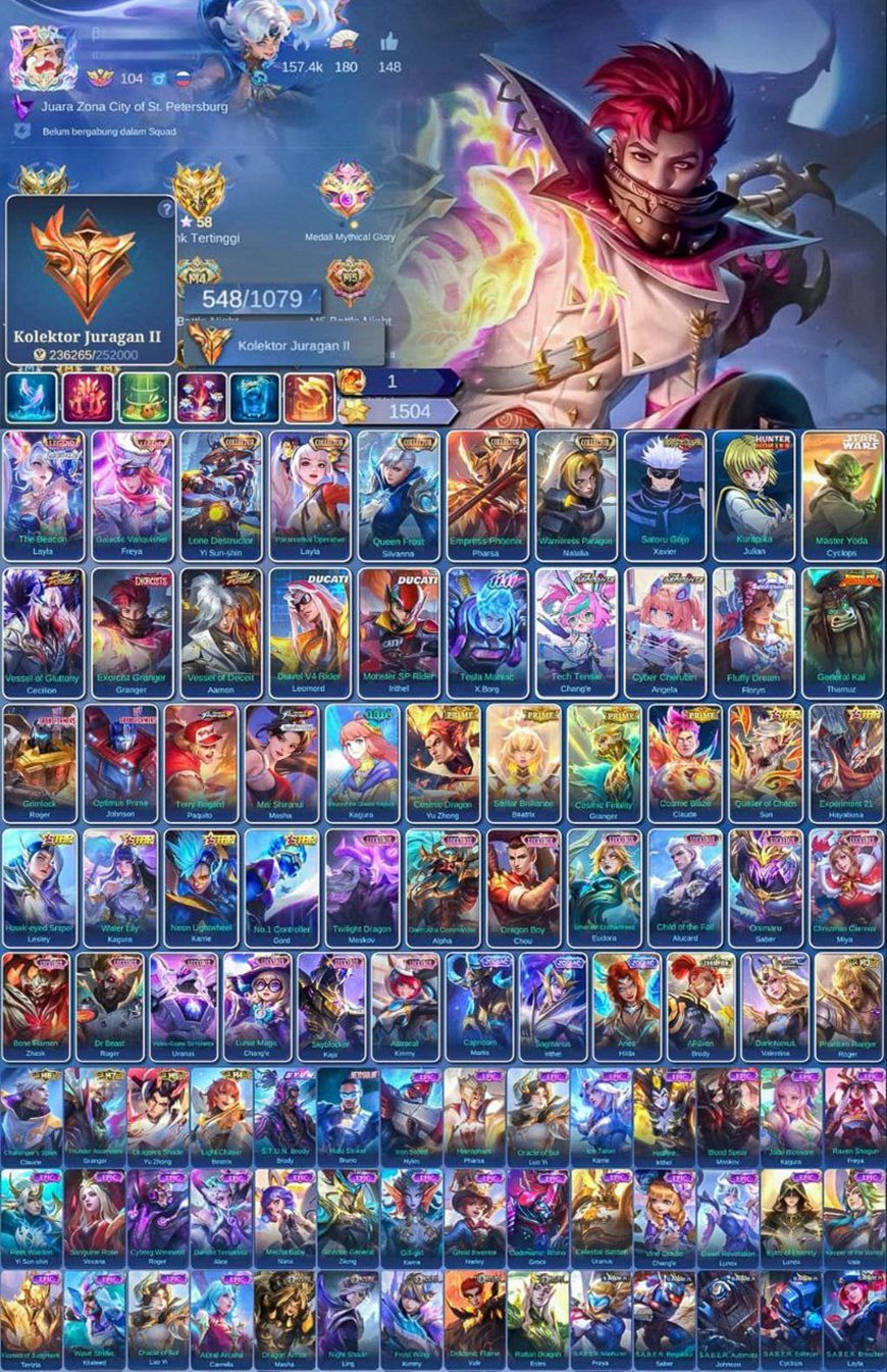 🔥LEG LEILA 🔥💎VESSEL SESSION/EIMON-EX GRENKA💎⭐️DUCATI LEO/IRITEL-JJK XAVIER⭐️💠ASPI(2)💠, Sale, Rank: Epic, Level: 104, Winrate: 55%, Heroes: 133, Skins: 548