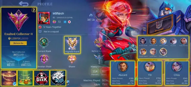 ALUCARD SET GUS COLL FANNY ASP DYROTH KOF, Sale, Rank: Mythical Immortal, Level: 72, Win Rate: 60%, Heroes: 114, Skins: 367