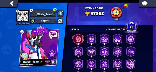 All brawlers on the account. Suitable for a main account. The account has many skins and leveled up brawlers, 57363 trophies, 104 brawlers, 29 primes