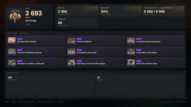 ✨Легенда 4 ≈ 3693 MMR✅8960 ПОРЯДОЧНОСТЬ✅✨Пустынный Ландшафт✨Сеты✨⚔️88 трофей⚔️, Продажа, 3693 MMR, 8960 порядочності, 8960 вежливості, 2966 матчів, 3420 годин
