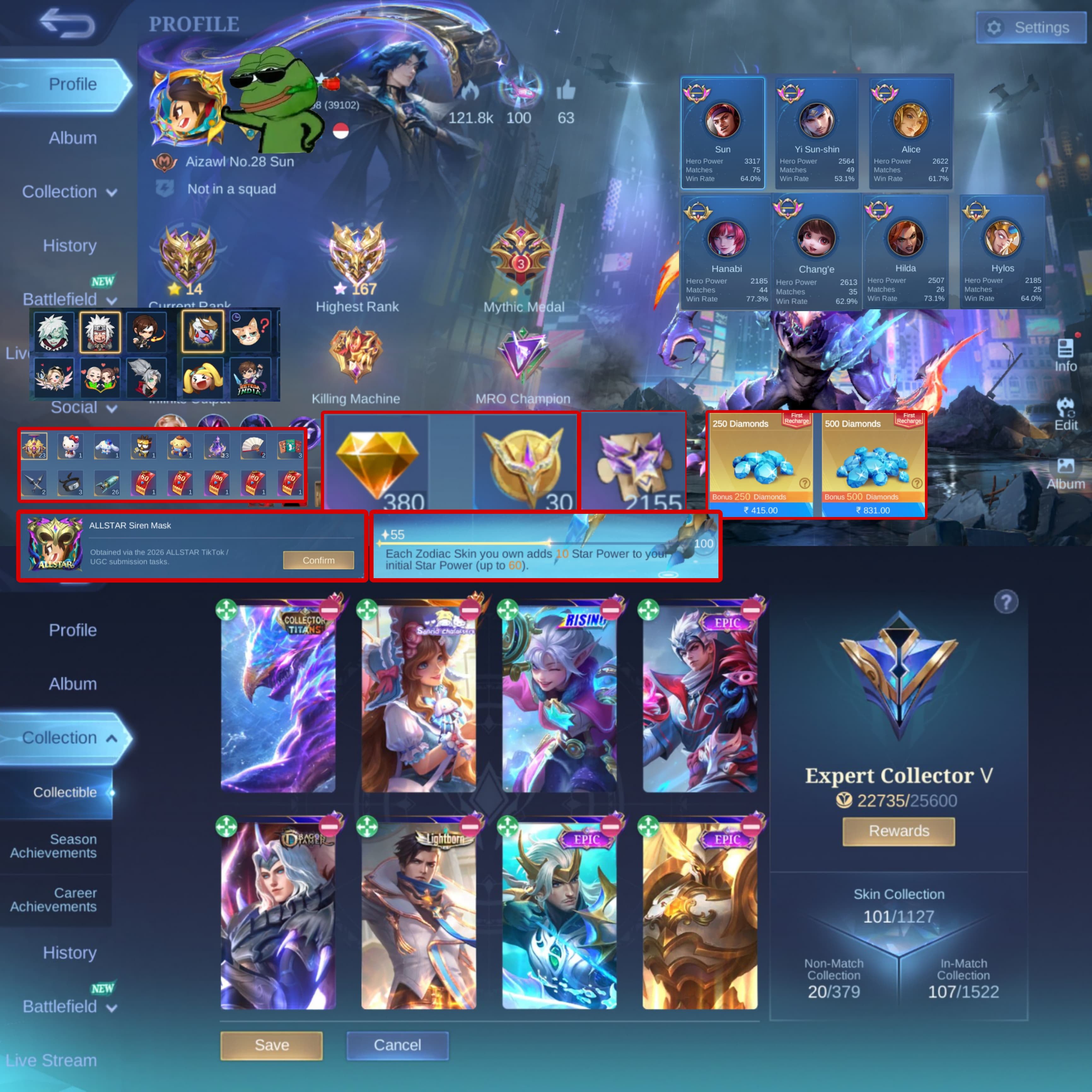 🏆 167 Stars 🗡️ Helcurt Collector 🌹 Lancelot Epic 👑 Granger Lightborn 🏹 Yi Sun-shin Epic, Sale, Rank: Mythical Immortal, Level: 25, Winrate: 60%, Heroes: 50, Skins: 101