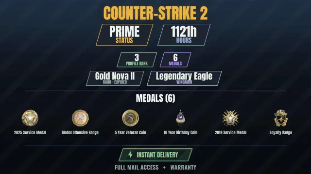 【CS2 Prime✨1100h🏆6 medals】 10 Year Anniversary Coin, Service Medal 2019, Service Medal, Sale, With inventory, Has PRIME