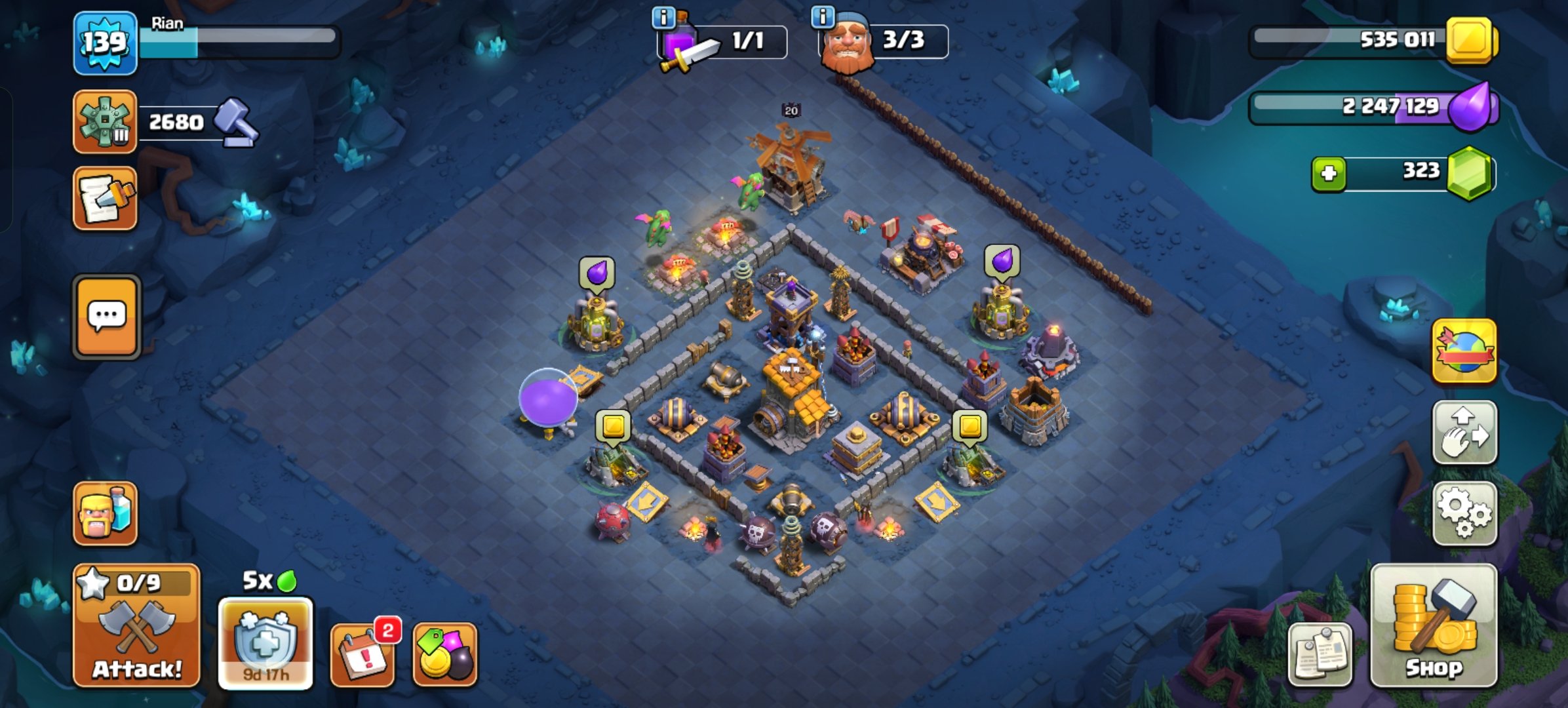 🟥⬛🛑Th 18🛑⚫XP 139🛑⚫Heroes Level-K31/Q30/MP15/W13/RC9/DD8🛑⚫Gems 323🛑⚫With Gmail🛑⚫Full Access🛑⬛🟥, 18 TH Main Village, 10 TH Builder