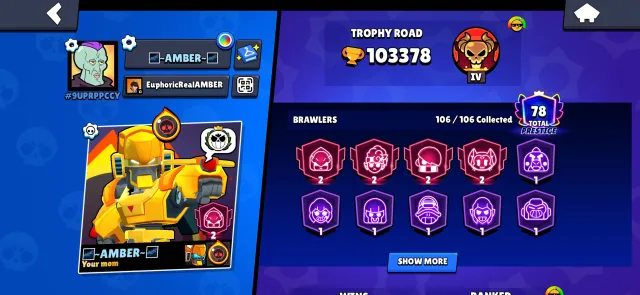 🔥💥 Лучший акк в Brawl Stars — топ трофеи, легендарные бойцы и высокие ранги😎⚡️, 103378 кубков, 106 бравлеров, 78 праймов