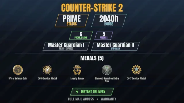 【CS2 Prime✨2000h🏆5 medals】 Diamond coin of the Hydra operation, 2017 Service Medal, 2019 Service Medal, For sale, With inventory, Has PRIME