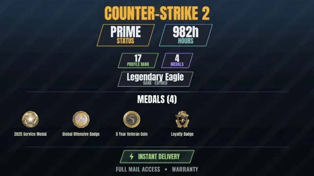 【CS2 Prime🏆982ч🎮4 медалей】 Медаль за службу 2025,Значок верности,Монета ветерана 5 років,Global, Продаж, З інвентарем, Є PRIME