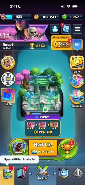 🏅6682 CUPS🏅💥1123 LEVEL💥🧬1 EVOLUTION🧬💎1267 GEMS💎🃏111/123 CARDS🃏😎20 EMOJIS😎🪙48K COINS🪙🐗HOG 14 LEVEL🐗, 18 arena, 1123 level, 6600 cups, 111 cards, 19 leg, No