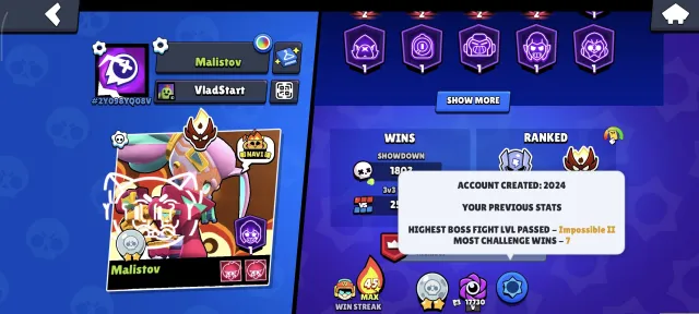 Donated account in BS with Master, 52569 trophies, 104 brawlers, 23 primes