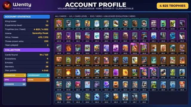 🔥 [CLASH ROYALE] 4 EVO — 1 CHAMP. | 17 EMOJIS | 4,825 🏆 | KING 11 #4ERUEN, Arena 14, Level 30, 4825 trophies, 94 cards, 9 leg, No