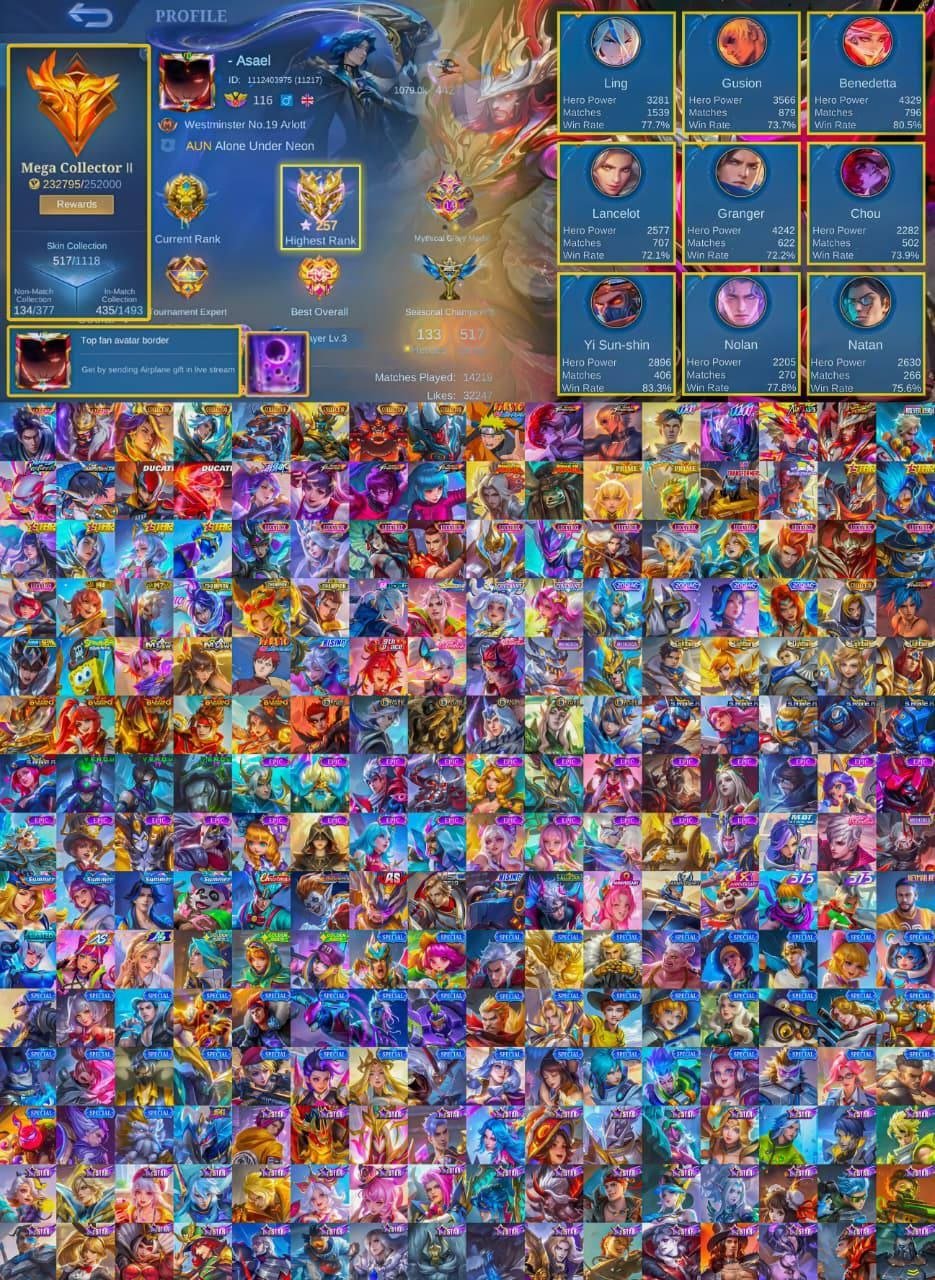 🔥Legends Aluc-Pudge🔥Collector Arlot-Ling-Balmond🔥Naruto, KOF🔥, Sale, Rank: Legend, Level: 116, Winrate: 70%, Heroes: 132, Skins: 517