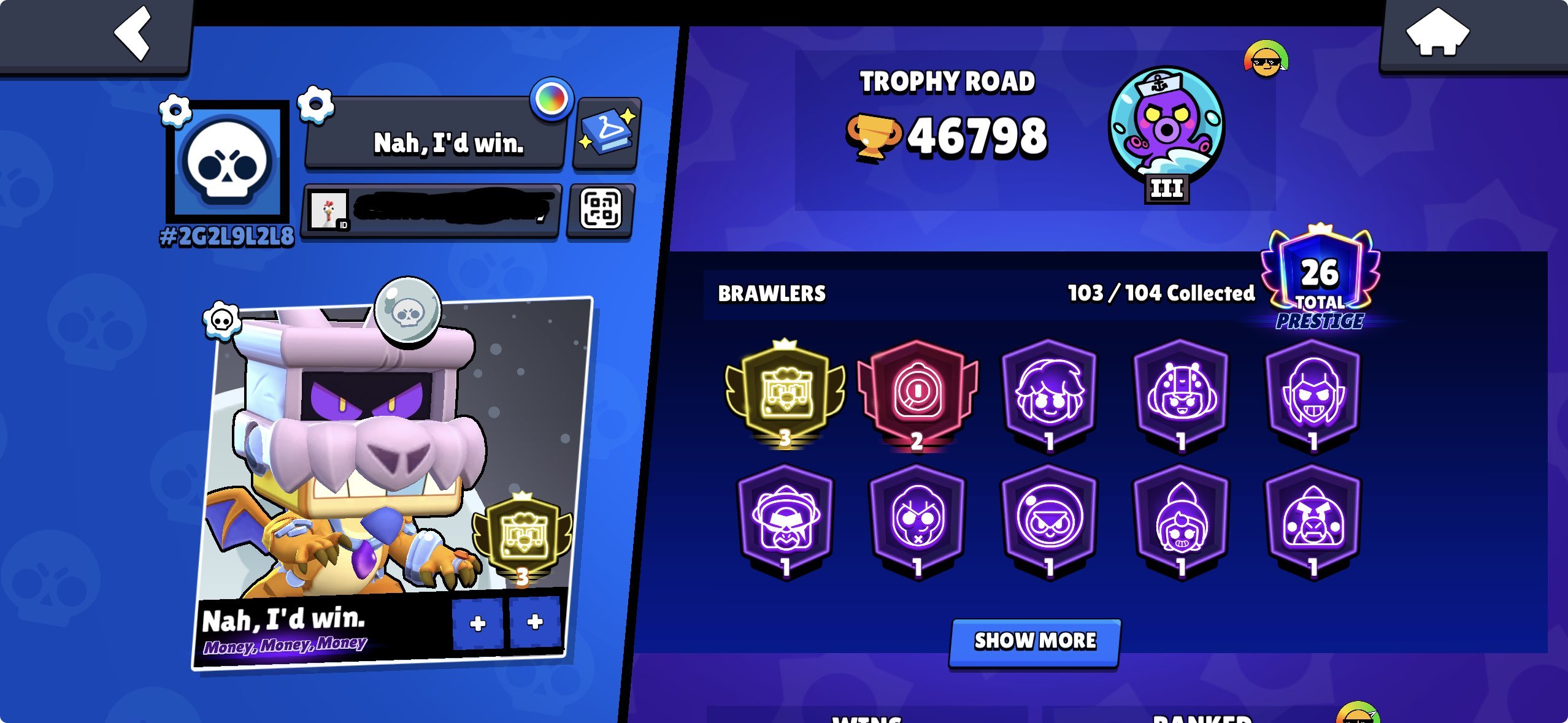 Account with 3 Prime skins, 46k trophies, 33 Power 11 Brawlers, and 22 Hypercharges., trophies 46798, brawlers 103, primes 26