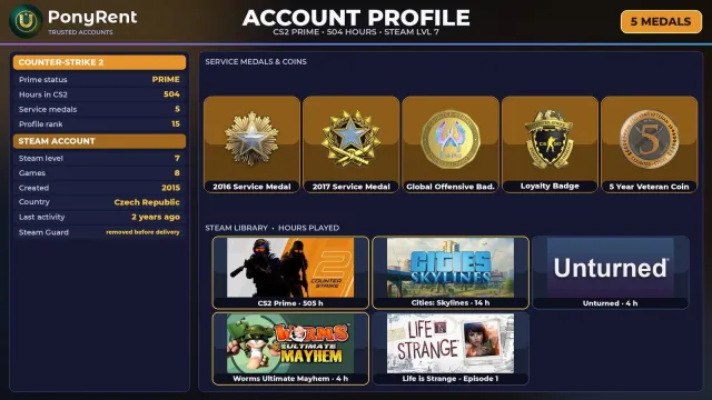 🦄 「CS2 PRIME」 +5 RARE MEDALS: SERVICE 2016 ♡ 2015 ♡ +2 GAMES ♡ FULL ACCESS 🌸 #3NC7C0, Sale, Inventory empty, PRIME
