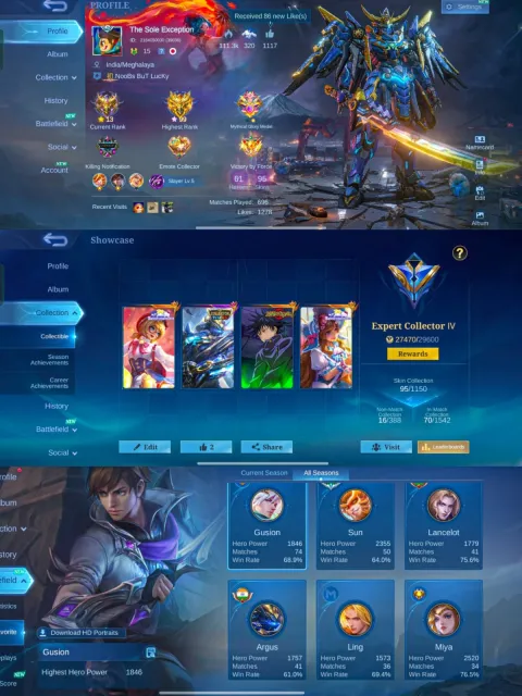 Мегуми/ jjk дулиан/ Колл аргус, Продажа, Ранг: Мифический, Уровень: 50, Процент побед: 55%, Герои: 60, Облики: 95