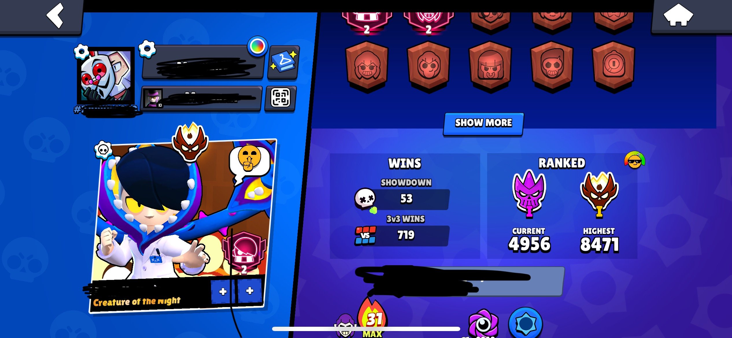 Master1 2 primes, 10p11 Full max brawler, trophies 4500, brawlers 57, primes 2