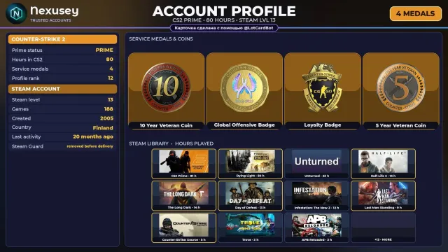 🚀 【CS2 PRIME】 ✨ +4 RARE MEDALS: 10 YEARS · GO · LOYALTY ✨ 2005 | +59 GAMES | FULL ACCESS #4COW18, Sale, Inventory empty, Has PRIME