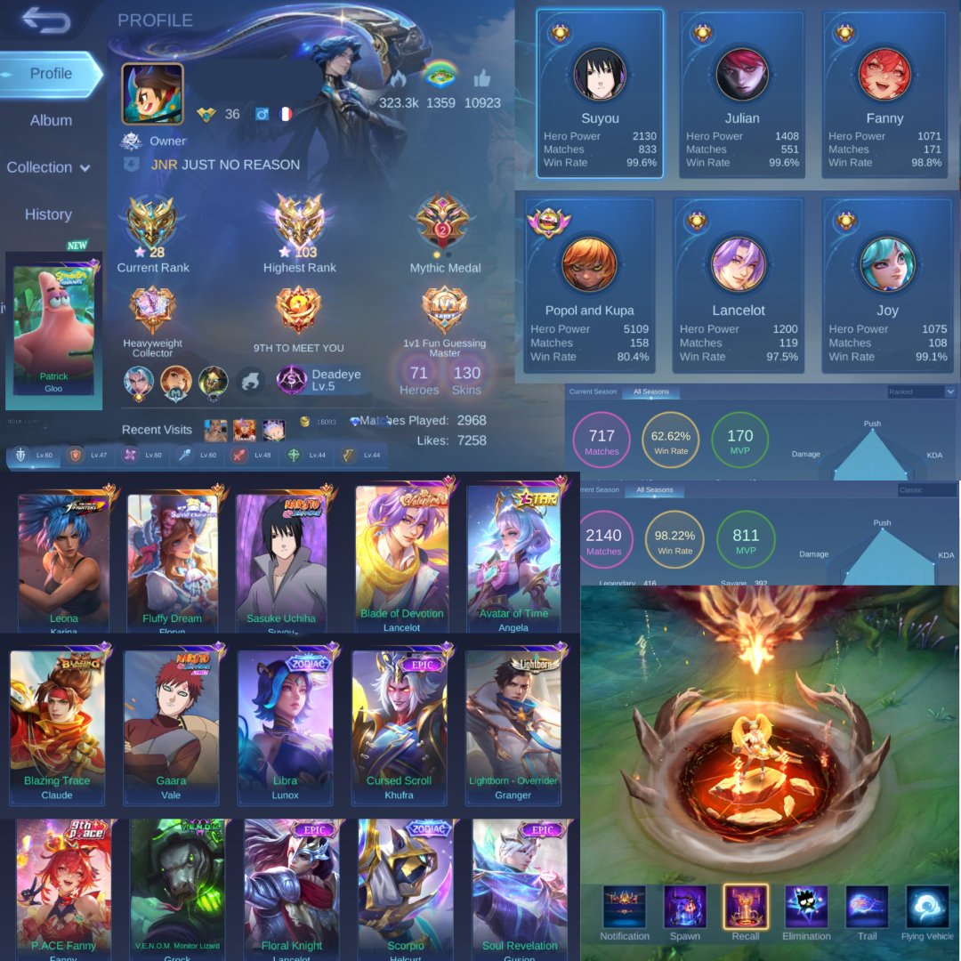 Clean Profile with High Likes • 99% WR Lancelot • Suyou Sasuke & Valentine, Sale, Rank: Mythic, Level: 66, Winrate: 93%, Heroes: 71, Skins: 130