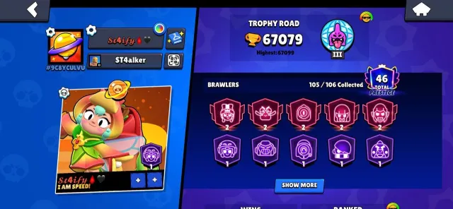 👑67K👑105/106👽42 11 POWER🛡️LEGENDARY LEAGUE🛡️SATURN I👑, 67069 trophies, 104 brawlers, 46 primes