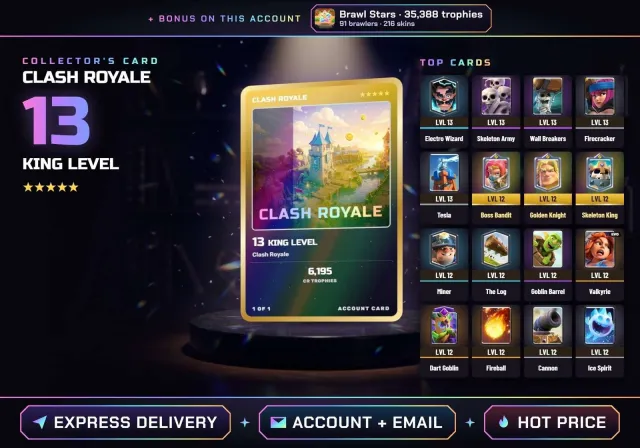 👑 ANDROID • IOS ✦ CR KING 13 ✦ Valkyrie, Barbarians, Bomber, Giant, Boss Bandit, Golden Knight, Arena 17, Level 13, 6195 trophies, 116 cards, No