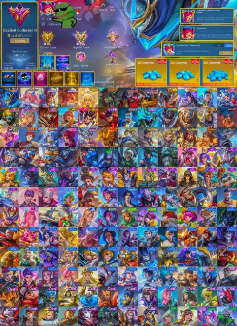 🏆 Exalted 3 💀 Gusion Legend 🎯 Beatrix Prime 👑 Aldous & Roger Transformer ⚔️ Thamuz General Kai, Продажа, Ранг: Мифический Бессмертный, Уровень: 94, Процент побед: 70%, Герои: 133, Облики: 348