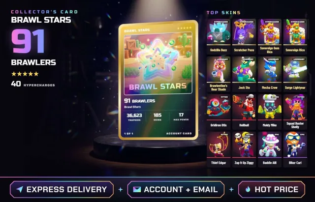 👑 ANDROID • IOS ✧ 91 BRAWLER • 36,623 TROPHIES • 185 SKINS • 17 MAXED ✧ Godzilla Buzz, Scratcher Poco, 36623 trophies, 91 brawlers