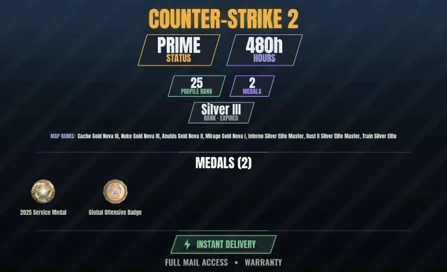 【CS2 Prime✨480ч🏆2 медалей】 Медаль за службу 2025, Значок Global Offensive, Продажа, Інвентар пустий, Є PRIME