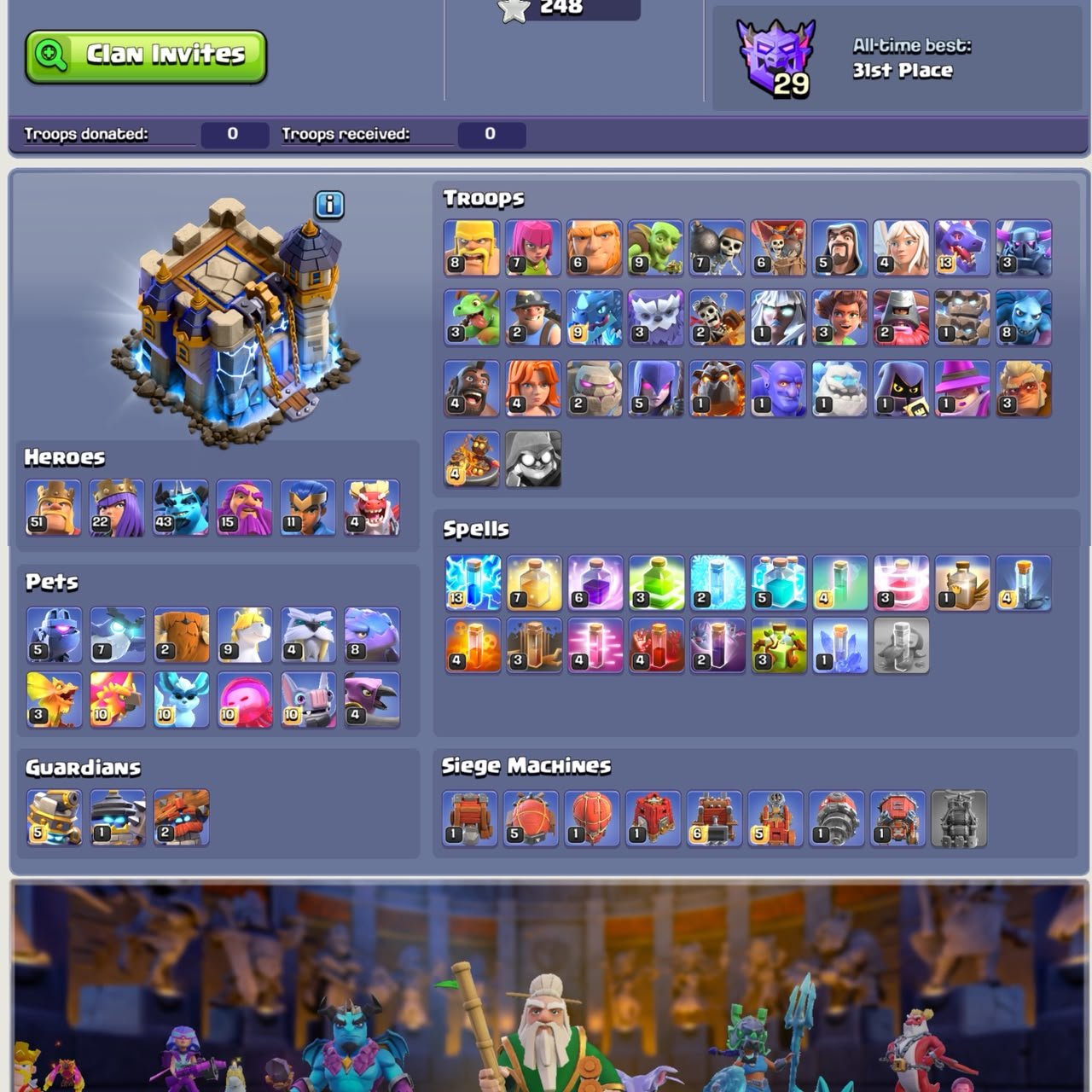 ❖ TH 18 Near Max ❖ All Troops High Level ❖ Rare Decorations ❖ 10x Epic High Level ❖ 350 CWL Medals, 18 TH Main Village, 10 TH Builder
