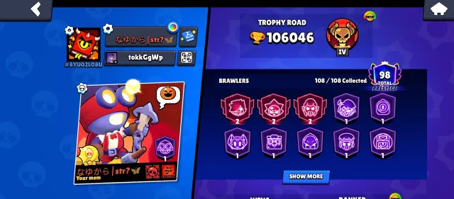 🏆106K🏆【OLD RICOCHET🔹RED GODZILLA】👤1O8/1O8👤360 SKINS~36k💎❰76 11-x🔹44 BAFFI❱📹VIDEO REVIEW📹, 106000 trophies, 108 brawlers, 98 primes