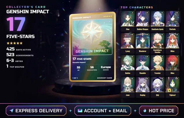 🌸 ALL DEVICES • EUROPE ✦ 17 FIVE-STAR CHARACTERS • AR 55 ✦ Xiao C1, Raiden, Kamisato Ayato, Clorinda, Any platform, Email linked, Any, Levelled up, AR 55