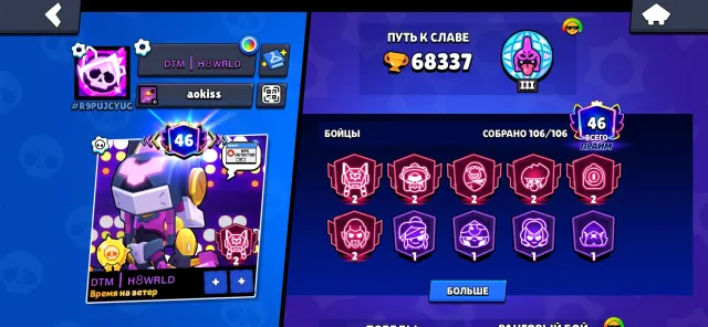 58 11 power, half full account, a lot of skins, 68337 trophies, 106 brawlers, 46 primes