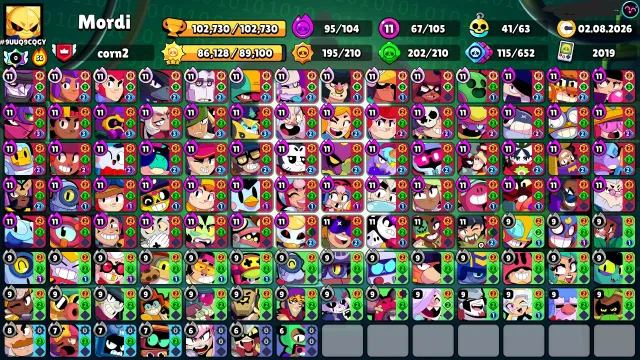🏆102.7K • 📅2019 • 👤105/105 • 🎨300+ skins • ⭐65 primes • ⚡95 hypercharge • 🔄Re-link, trophies 102730, brawlers 105, primes 65