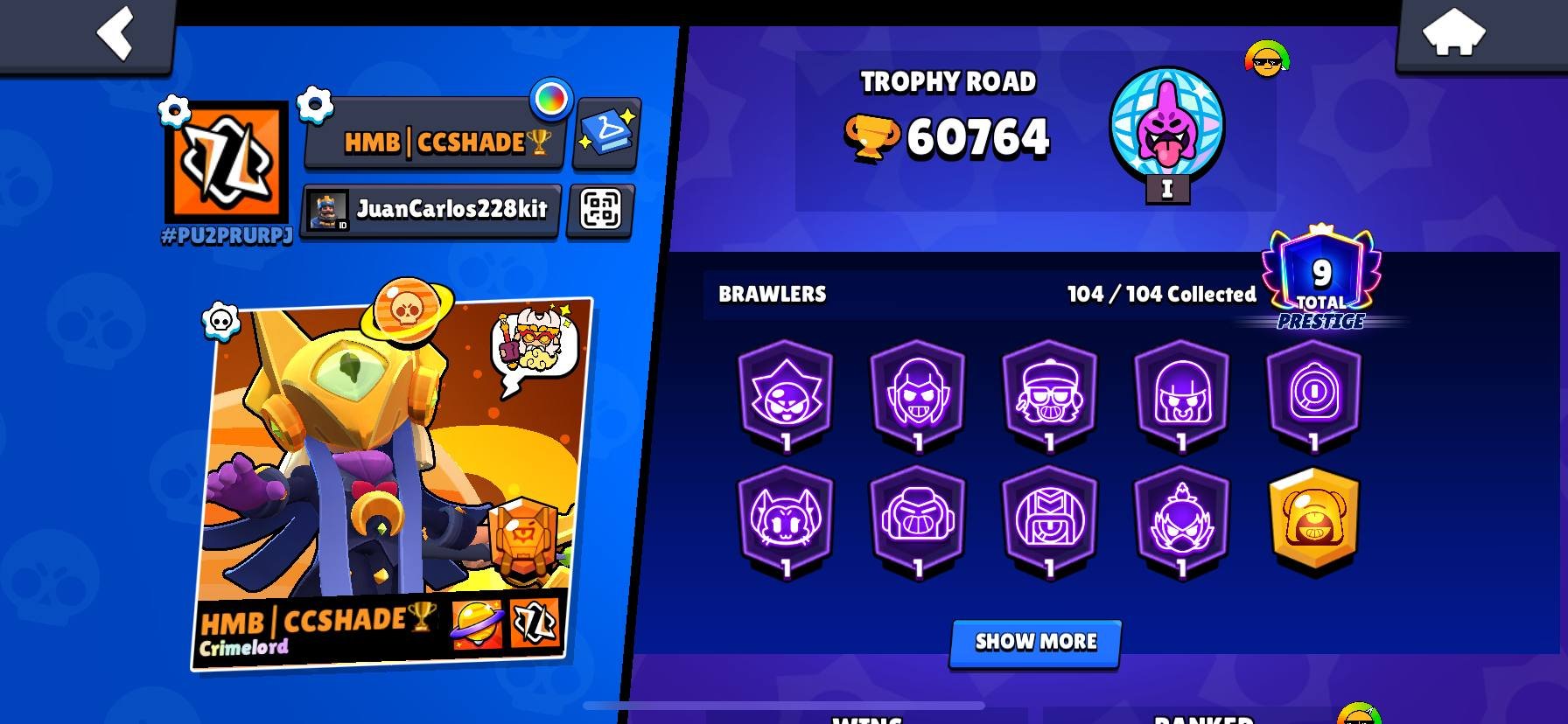 🏆ACCOUNT 61K TROPHY MORE EXCLUSIVE SKINS🙊, trophies 61000, brawlers 104, primes 10