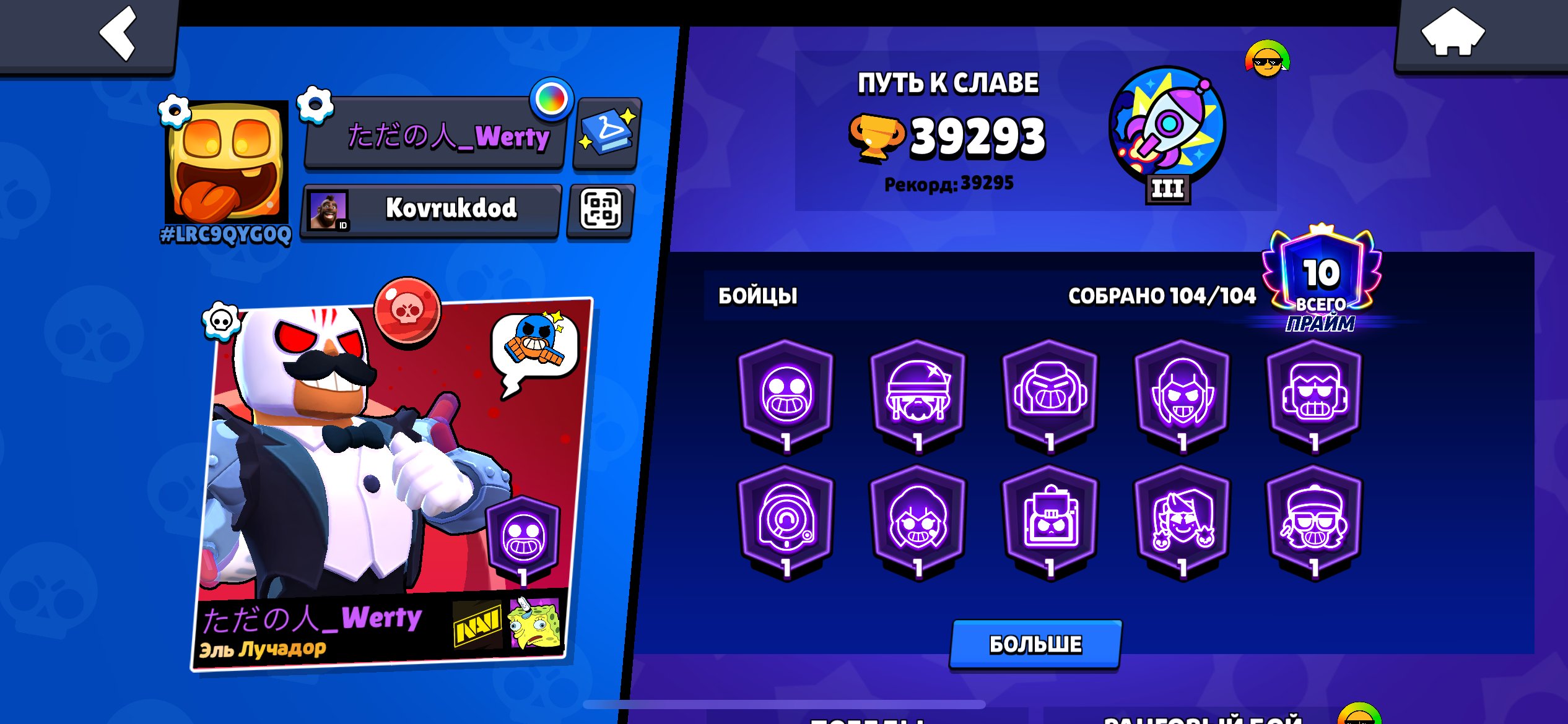The account has 293 skins, worth 34,227 gems in total., trophies 39293, brawlers 104, primes 10