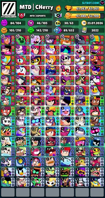65,000 trophies 40+-11 sil pin Matcherino $5, trophies 65000, brawlers 105, primes 40